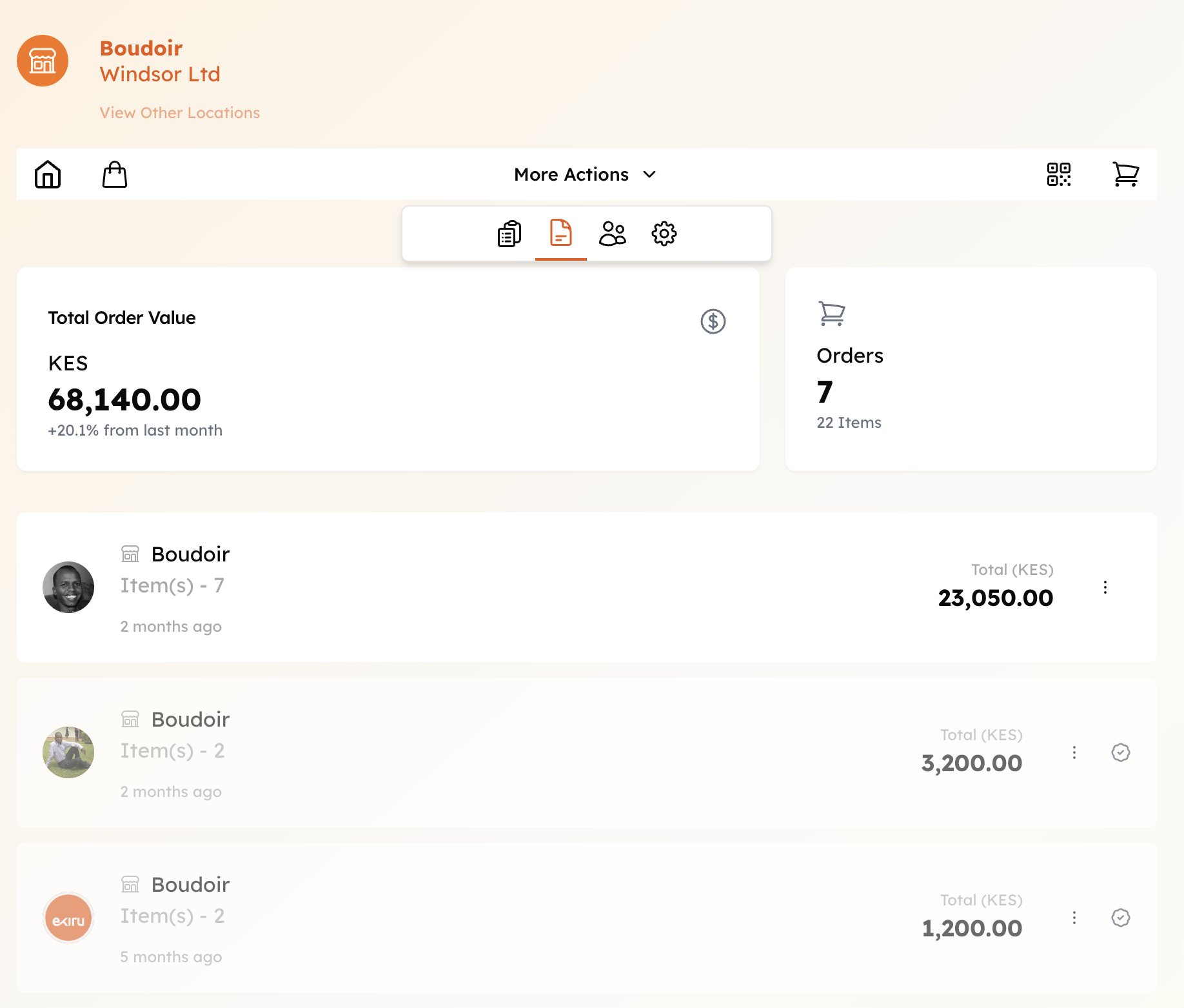 Orders overview with order values and items